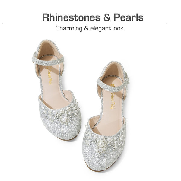 Girls Pearl Low Wedge Shoes - SILVER-GLITTER - 3